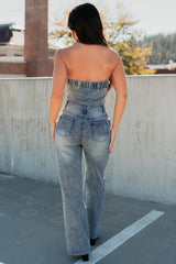 Your Idol Denim Strapless Wide Leg Jumpsuit (Medium Wash)
