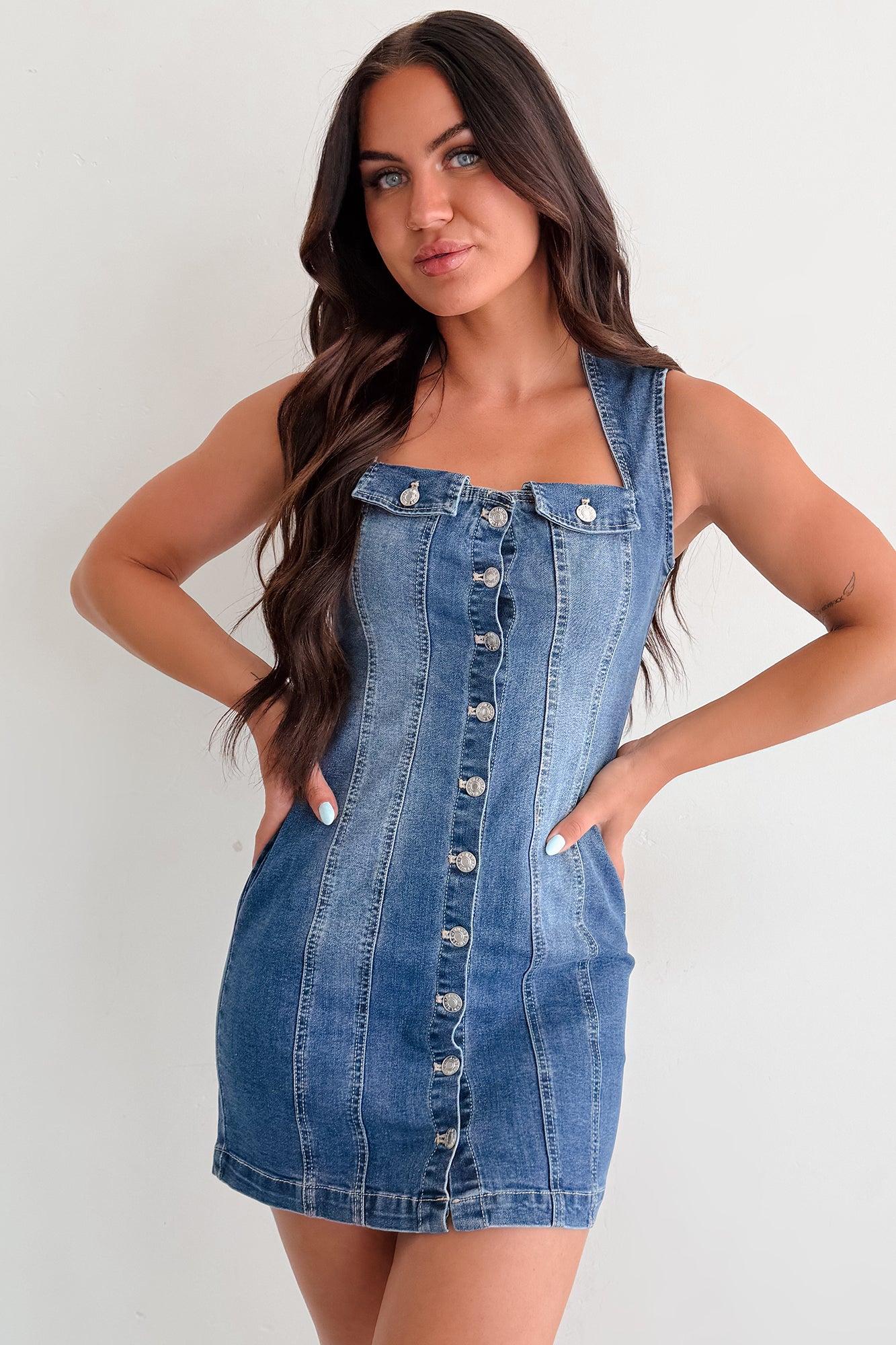 No Bad Days Denim Button Down Mini Dress (Blue)
