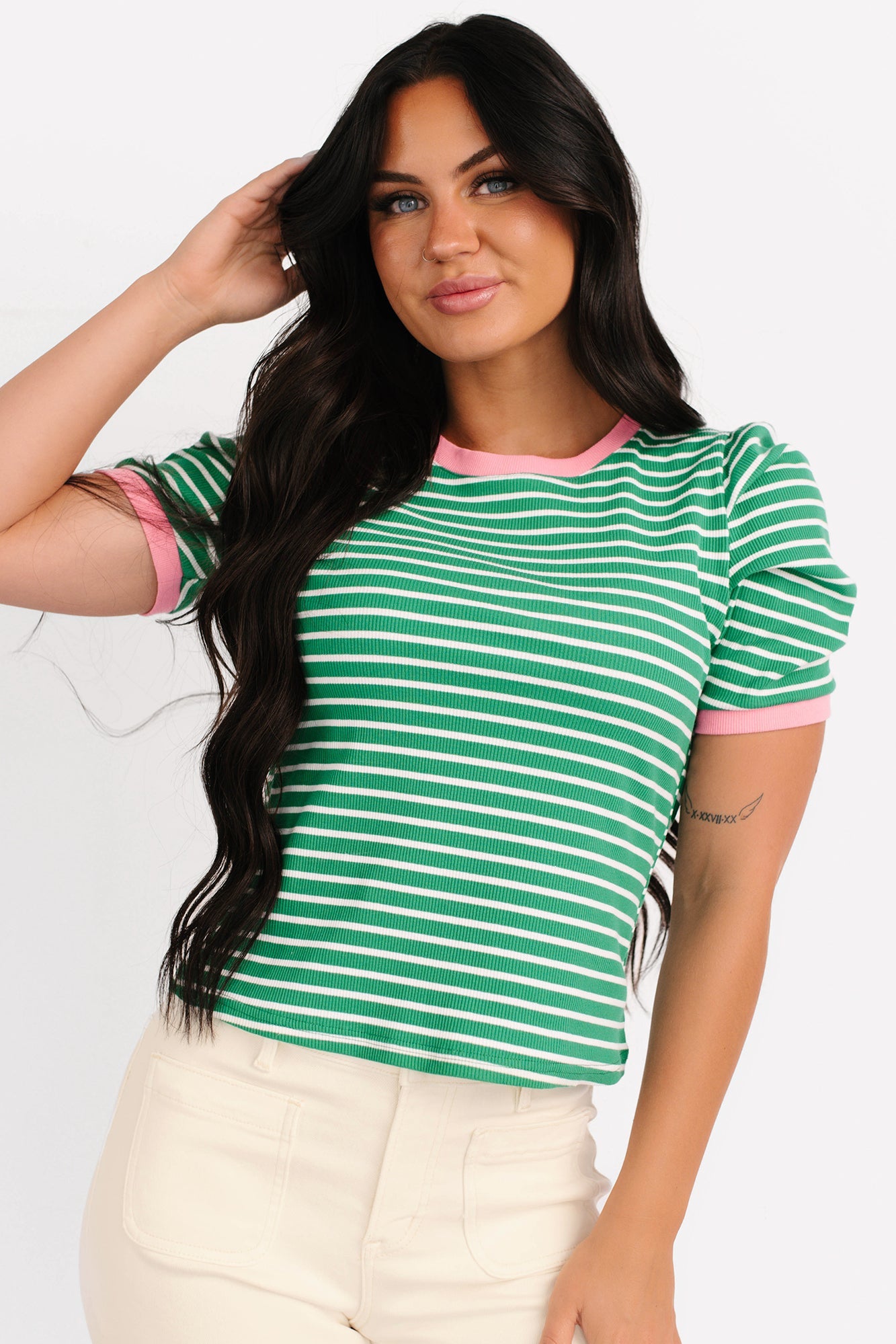 Daring Heart Striped Pleated Sleeve Top (Green/Pink)