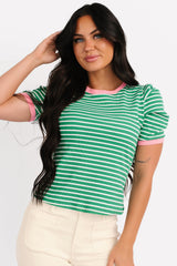 Daring Heart Striped Pleated Sleeve Top (Green/Pink)