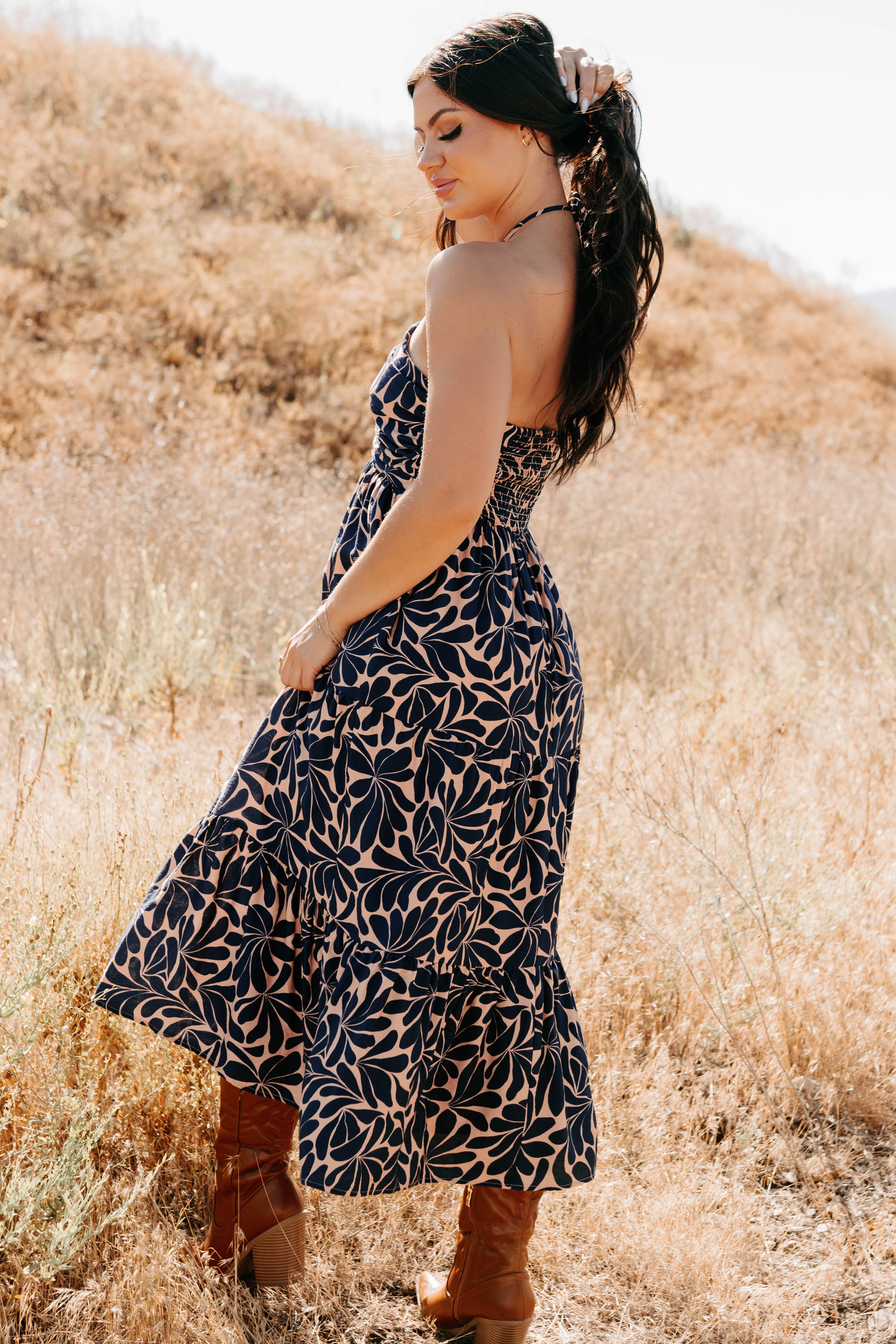 Purpose Driven Printed Halter Midi Dress (Navy/Clay)