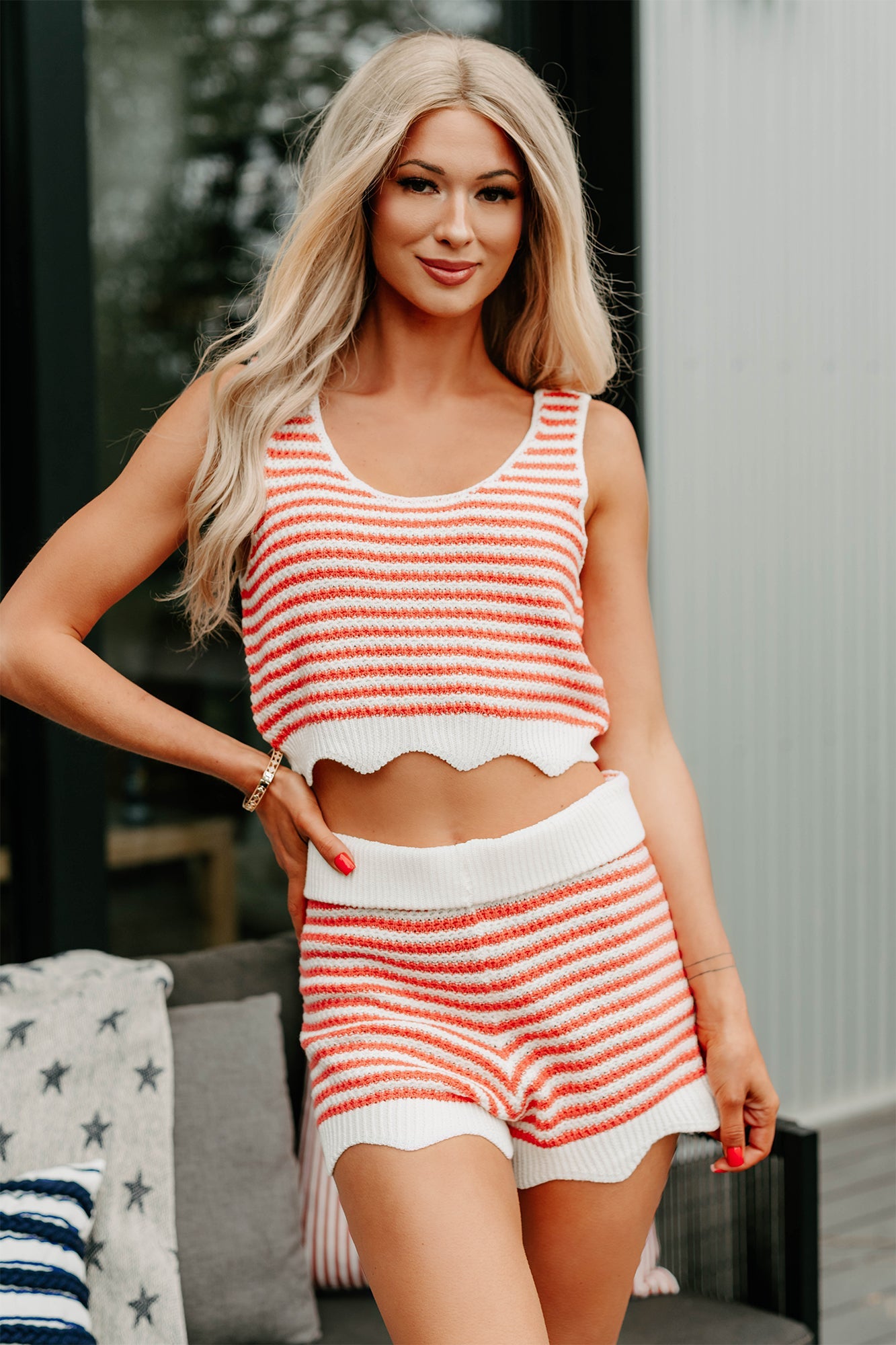 Relaxed Rhythm Striped Crop Top & Shorts Set (Coral)