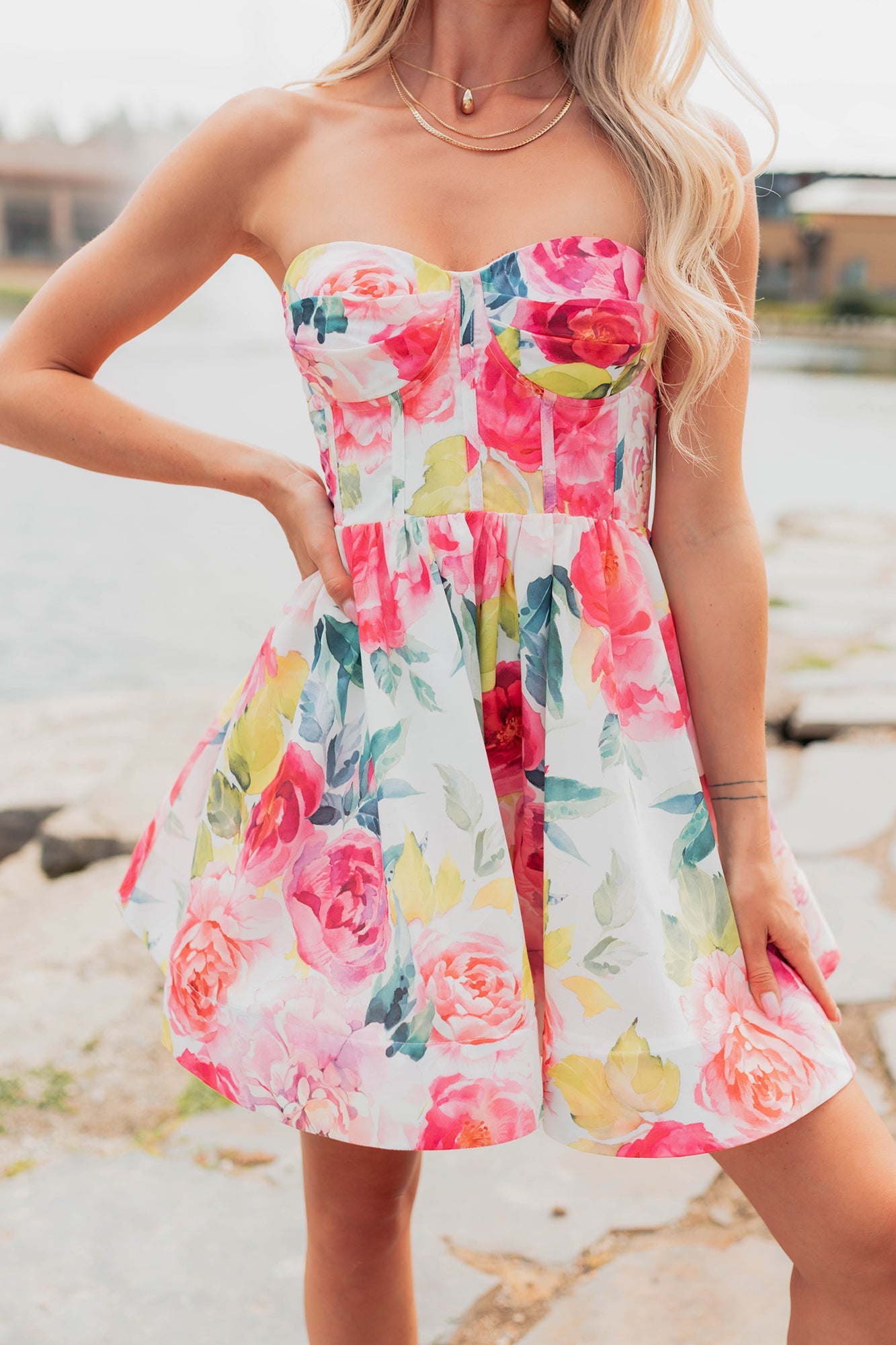 Flora's Garden Strapless Floral Corset Mini Dress (Pink)