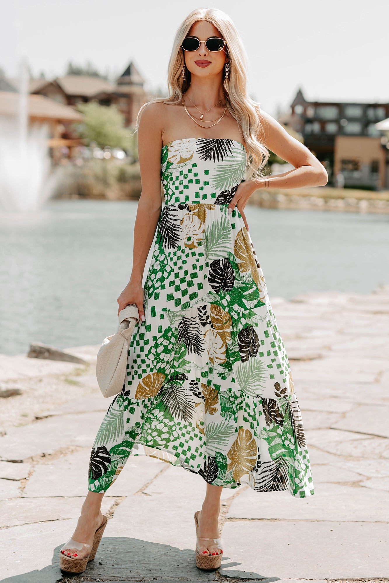 Feel It First Strapless Leaf Print Maxi Dress (Ivory/Green)
