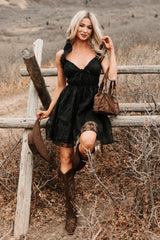 Petals In The Sun Chiffon Embroidered Mini Dress (Black)