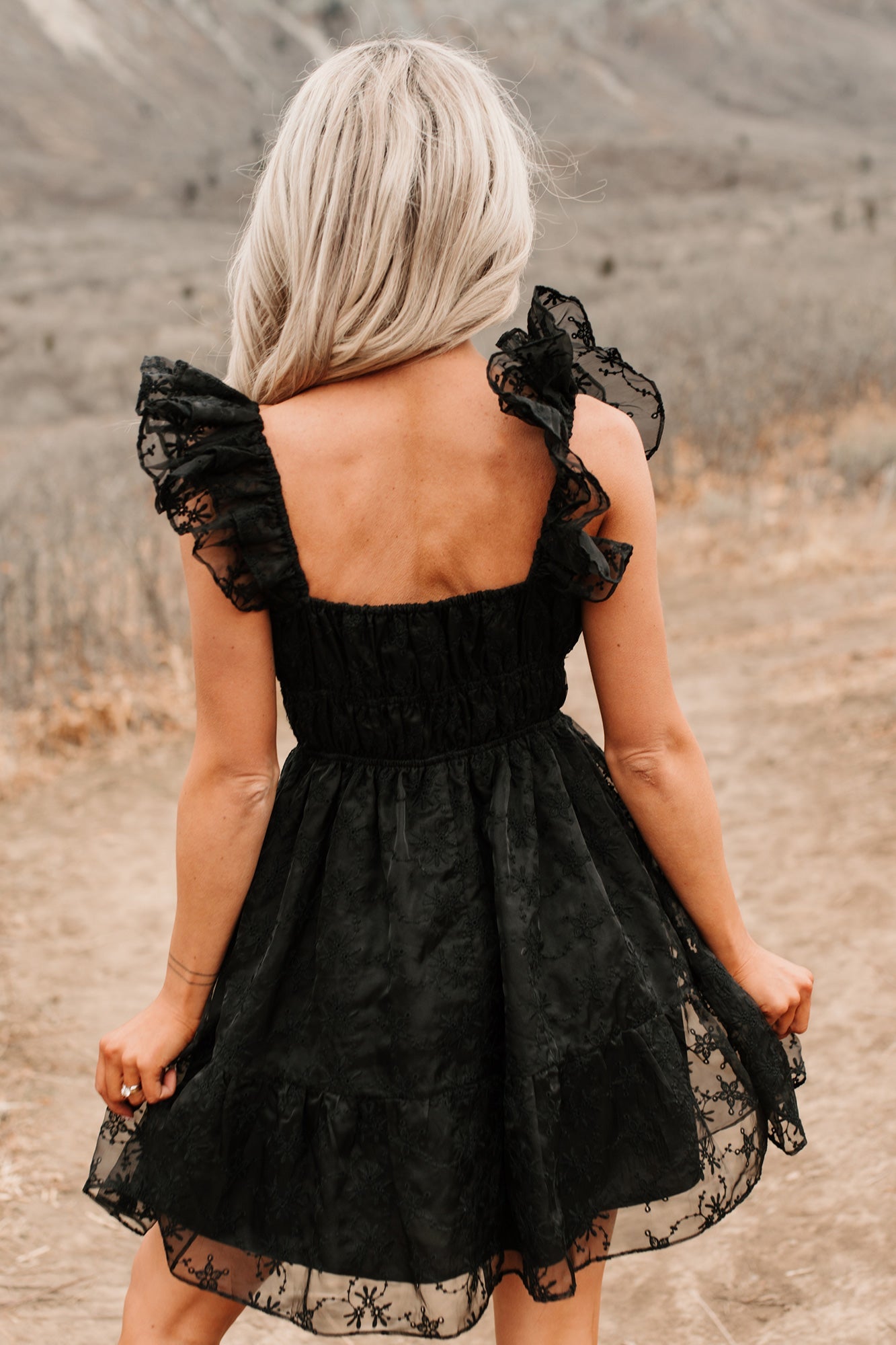 Petals In The Sun Chiffon Embroidered Mini Dress (Black)