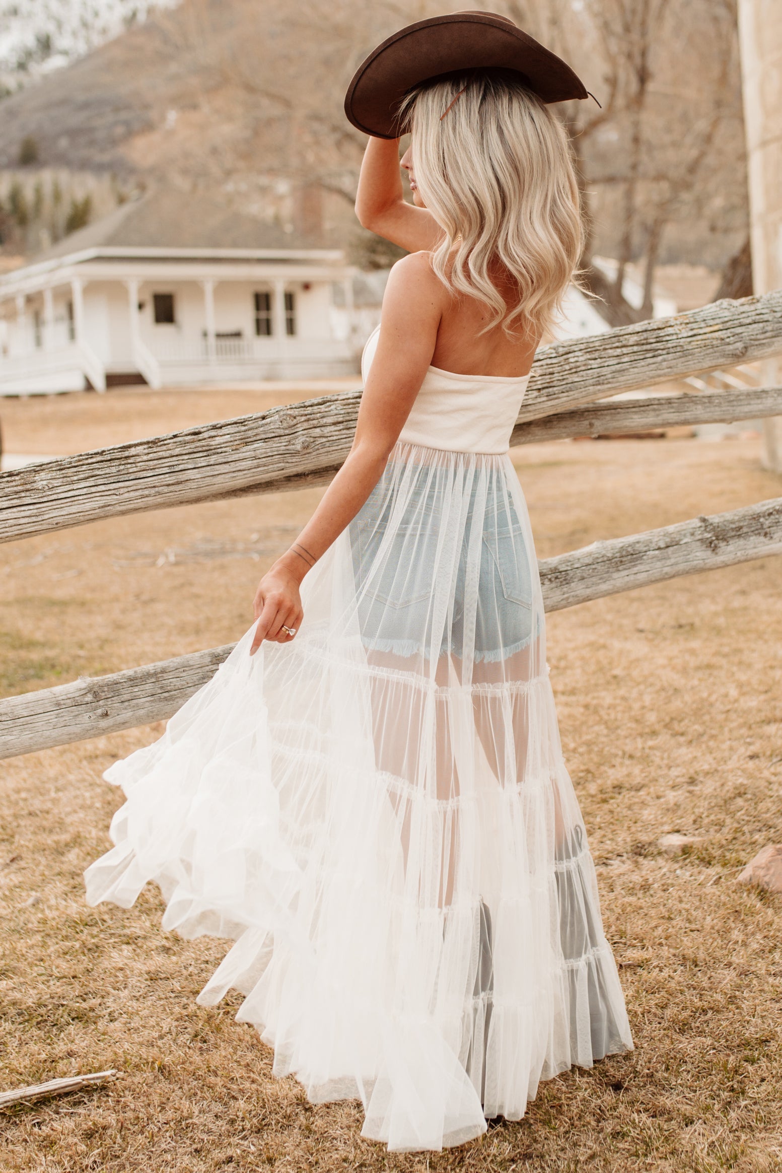 Stay Resilient Tiered Mesh Corset Maxi Dress (Cream)