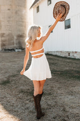 Sunshine Hour Twist Front Strapless Mini Dress (White)
