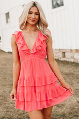 Buttercup Babe Deep V-Neck Ruffle Mini Dress (Coral Red)