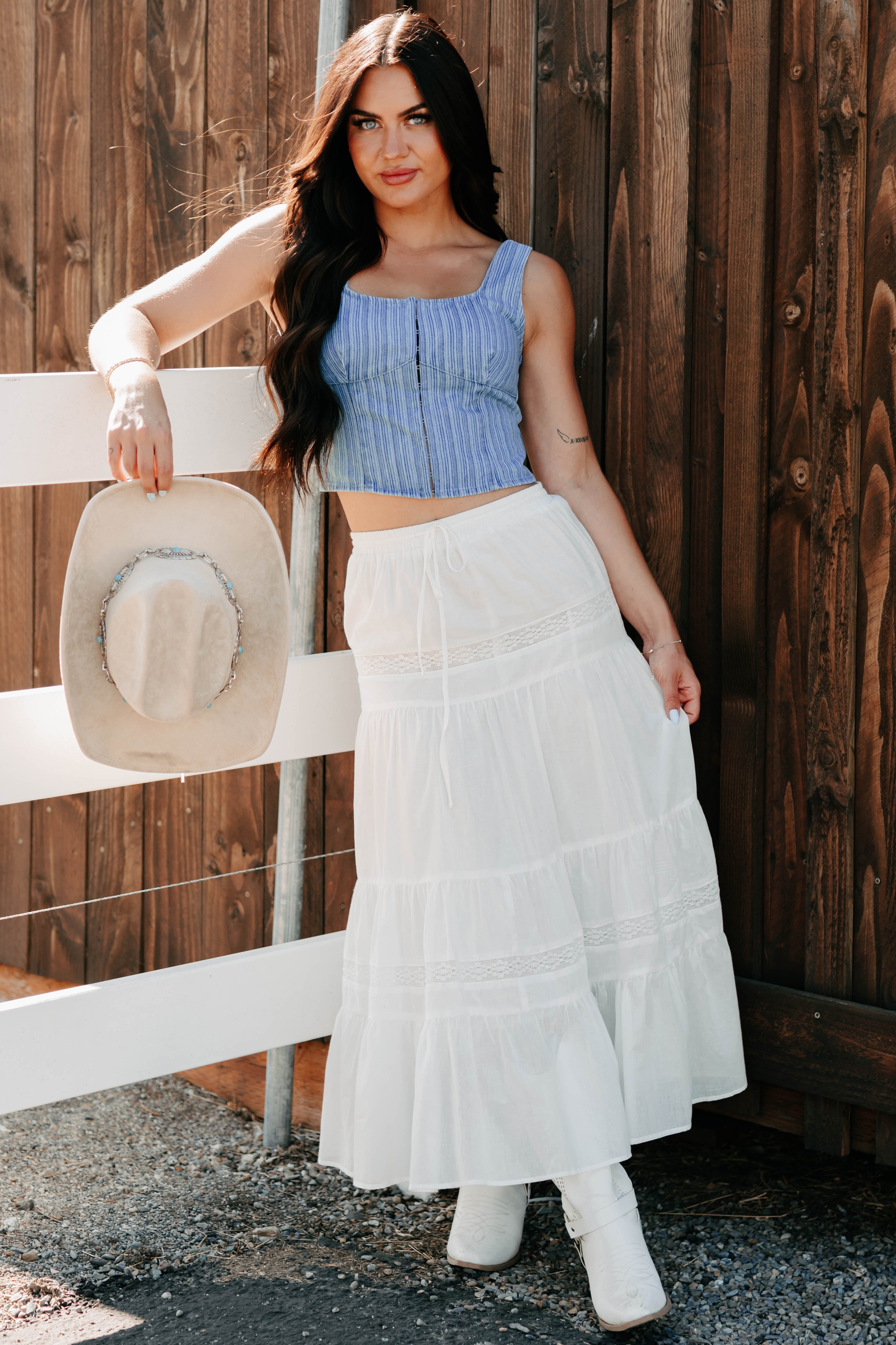 Just Killing Time Striped Denim Corset Top (Denim)
