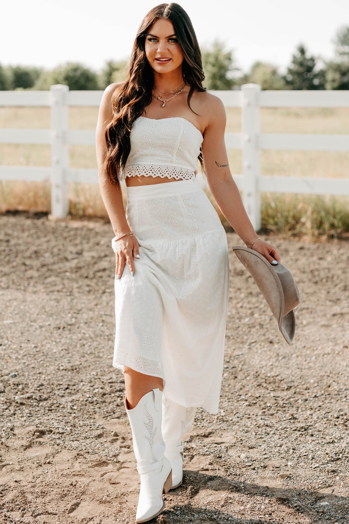 Crush Culture Crop Top Eyelet Skirt Set (White)