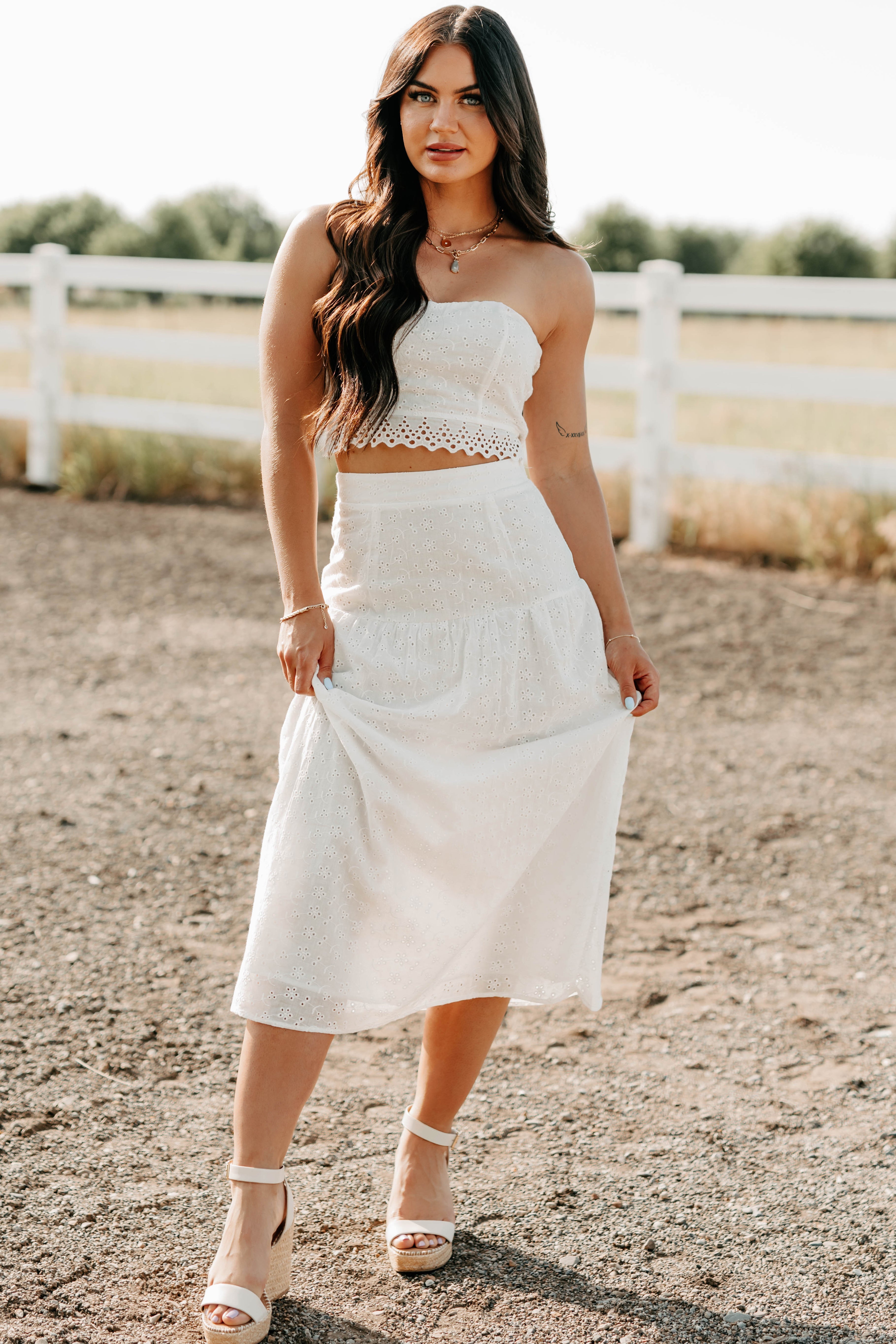 Crush Culture Crop Top Eyelet Skirt Set (White)