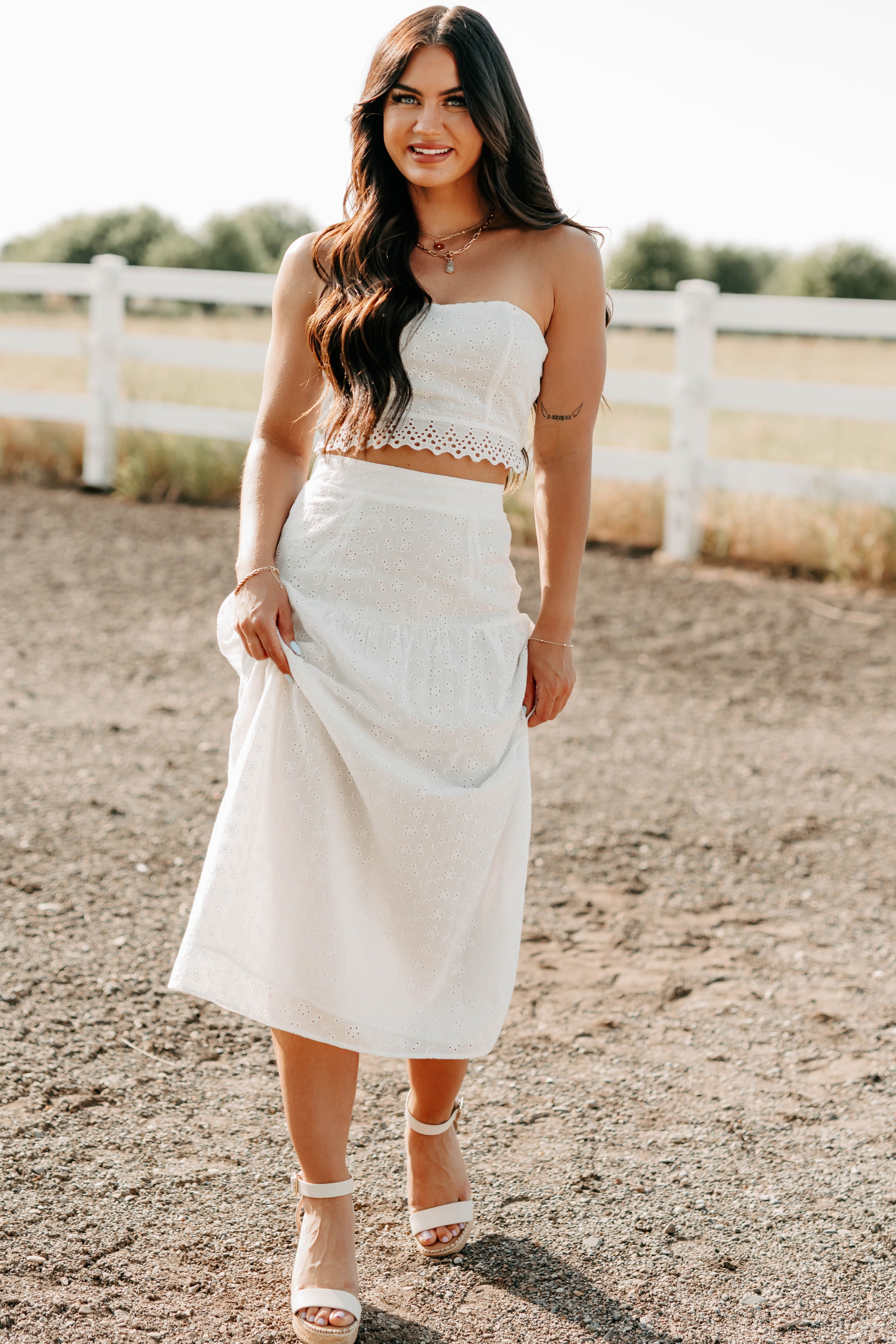 Crush Culture Crop Top Eyelet Skirt Set (White)