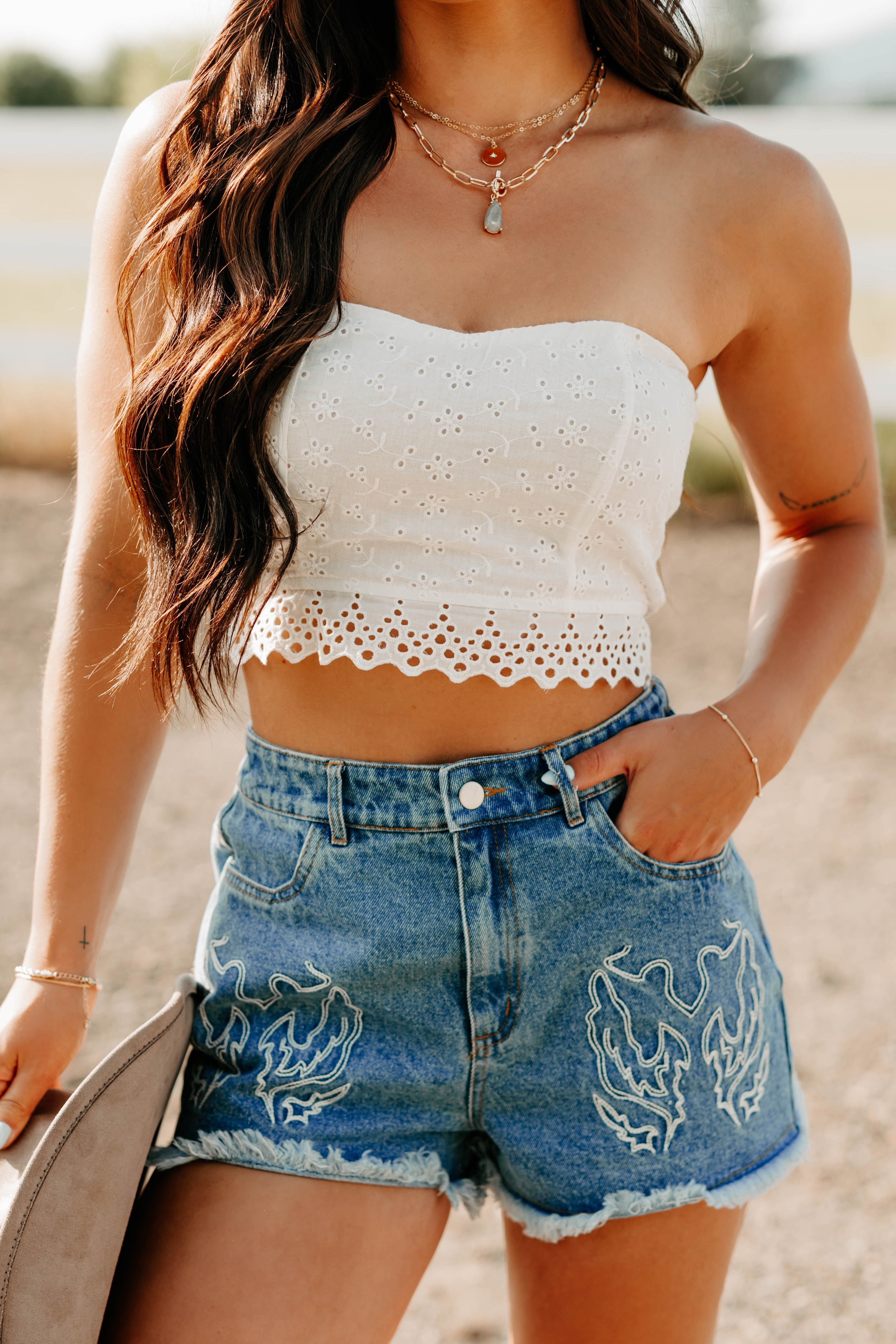 Crush Culture Crop Top Eyelet Skirt Set (White)