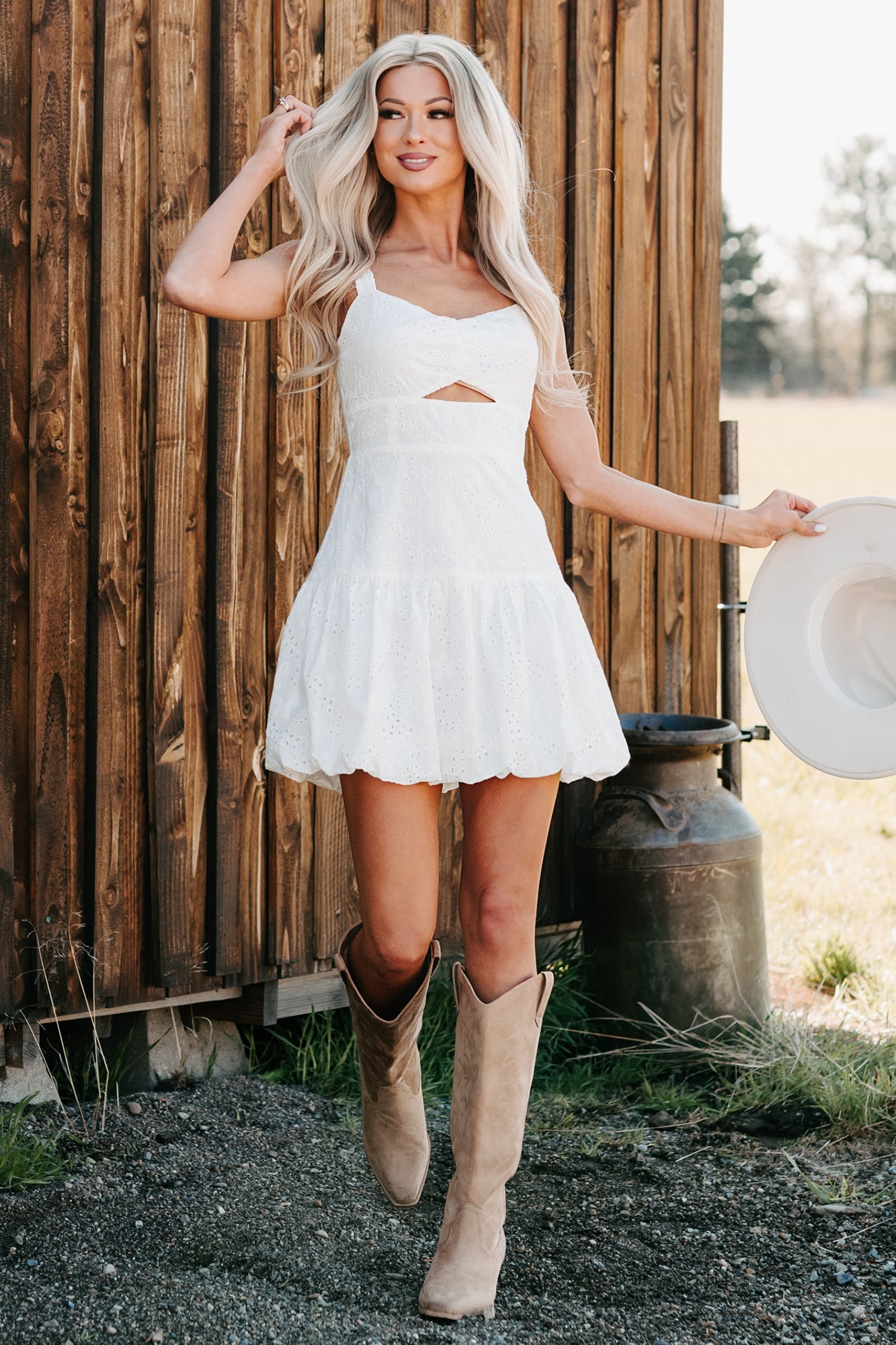 Almost A Dream Eyelet Lace Bubble Hem Dress (White)