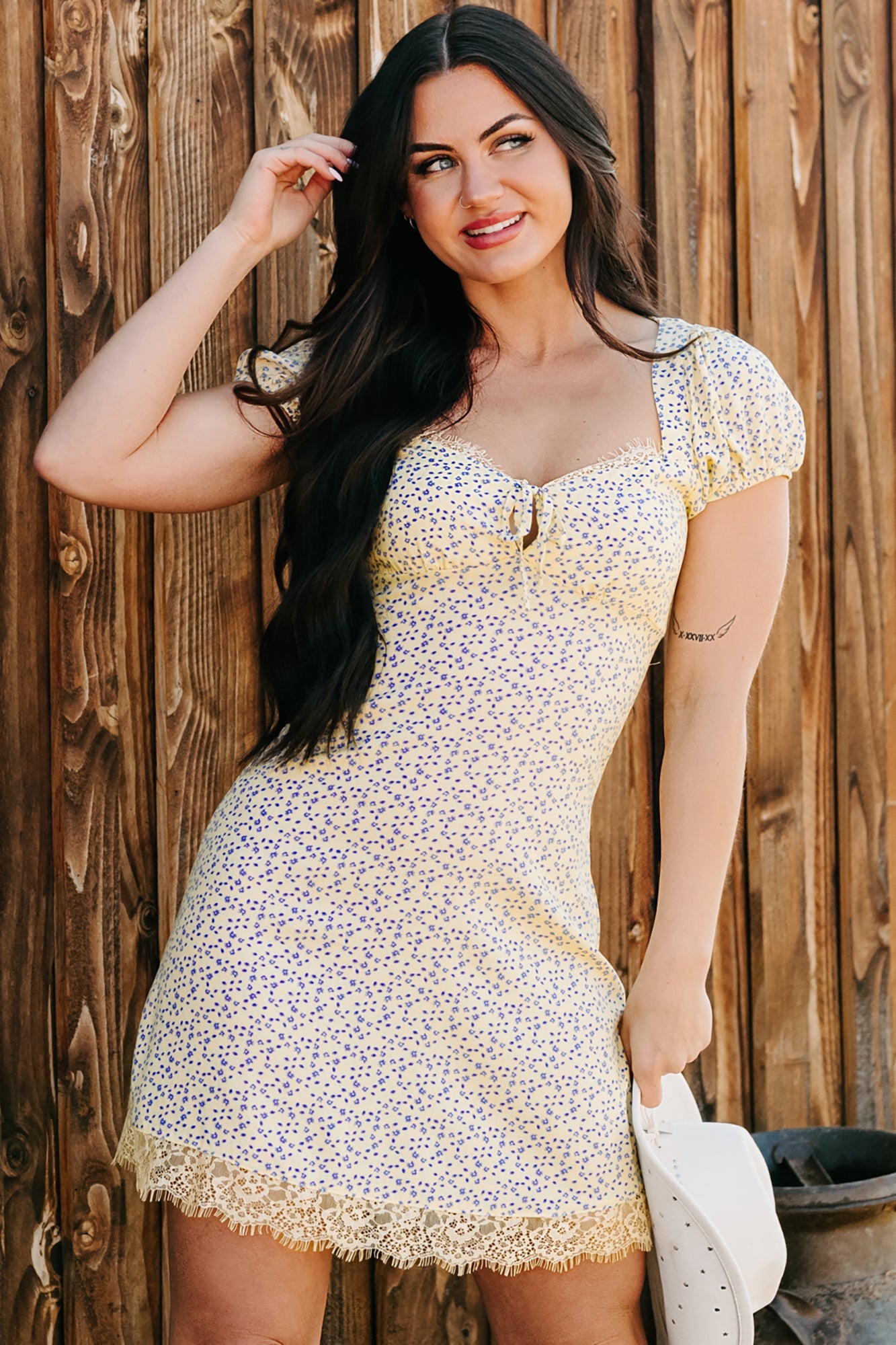 Floral Bliss Sweetheart Floral Mini Dress (Yellow/Blue)