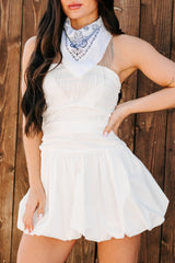 Smile & Stay Strapless Bubble Hem Mini Dress (White)