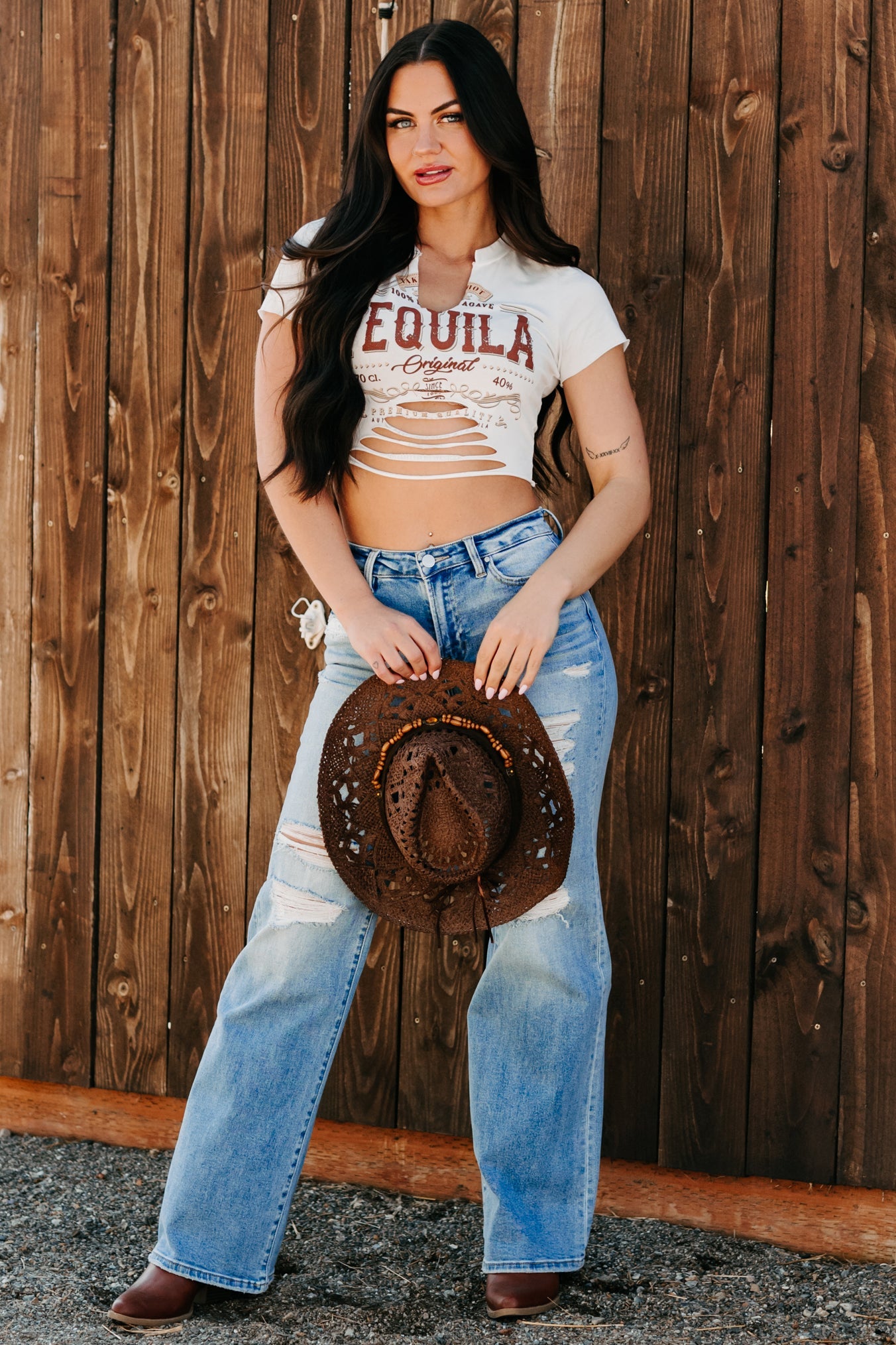 "Tequila Original" Distressed Graphic Crop Tee (Ivory)