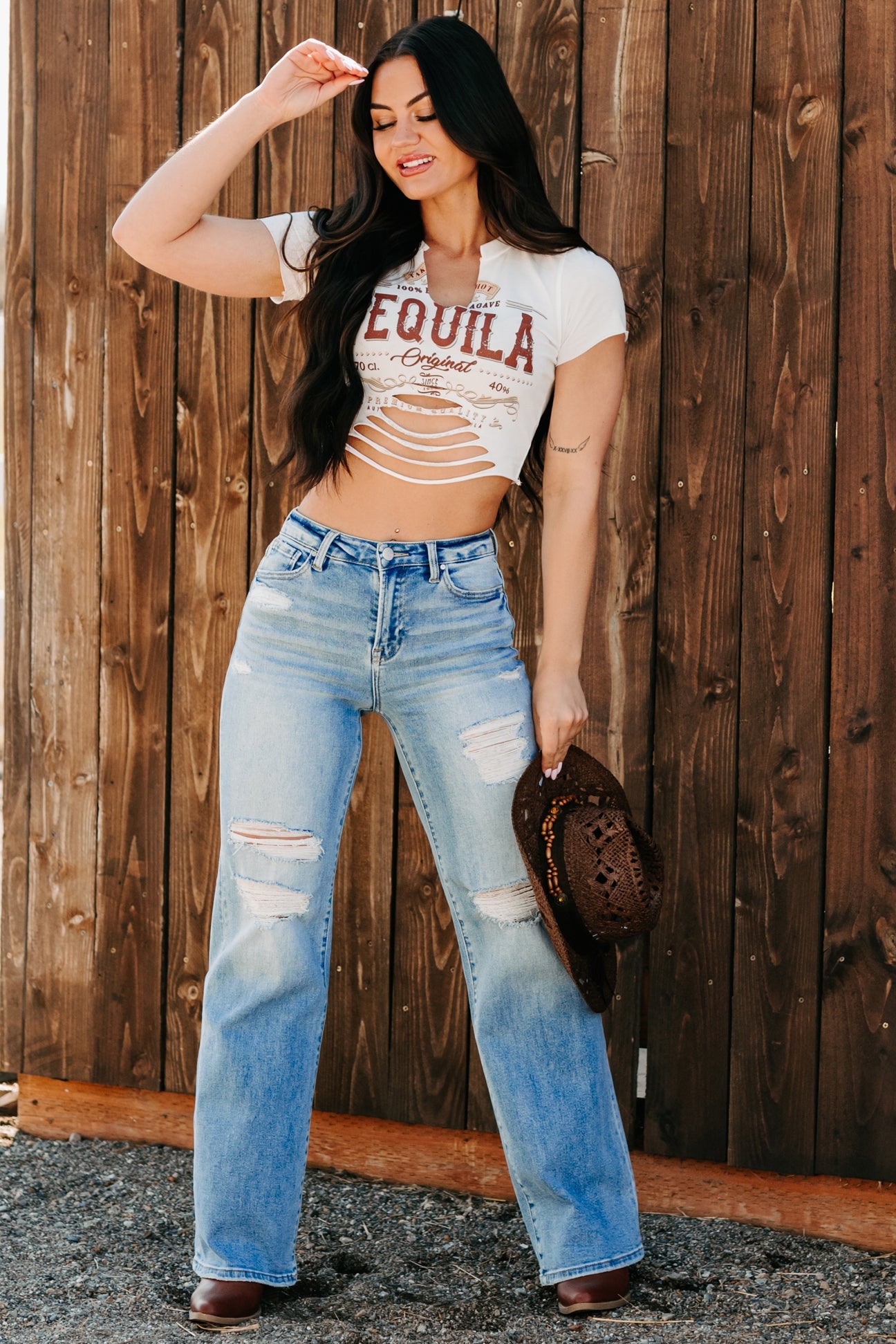 "Tequila Original" Distressed Graphic Crop Tee (Ivory)