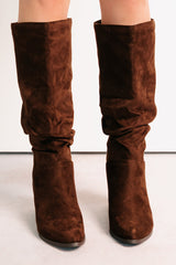 Bare & Bold Chunky Heel Faux Suede Boots (Tobacco)