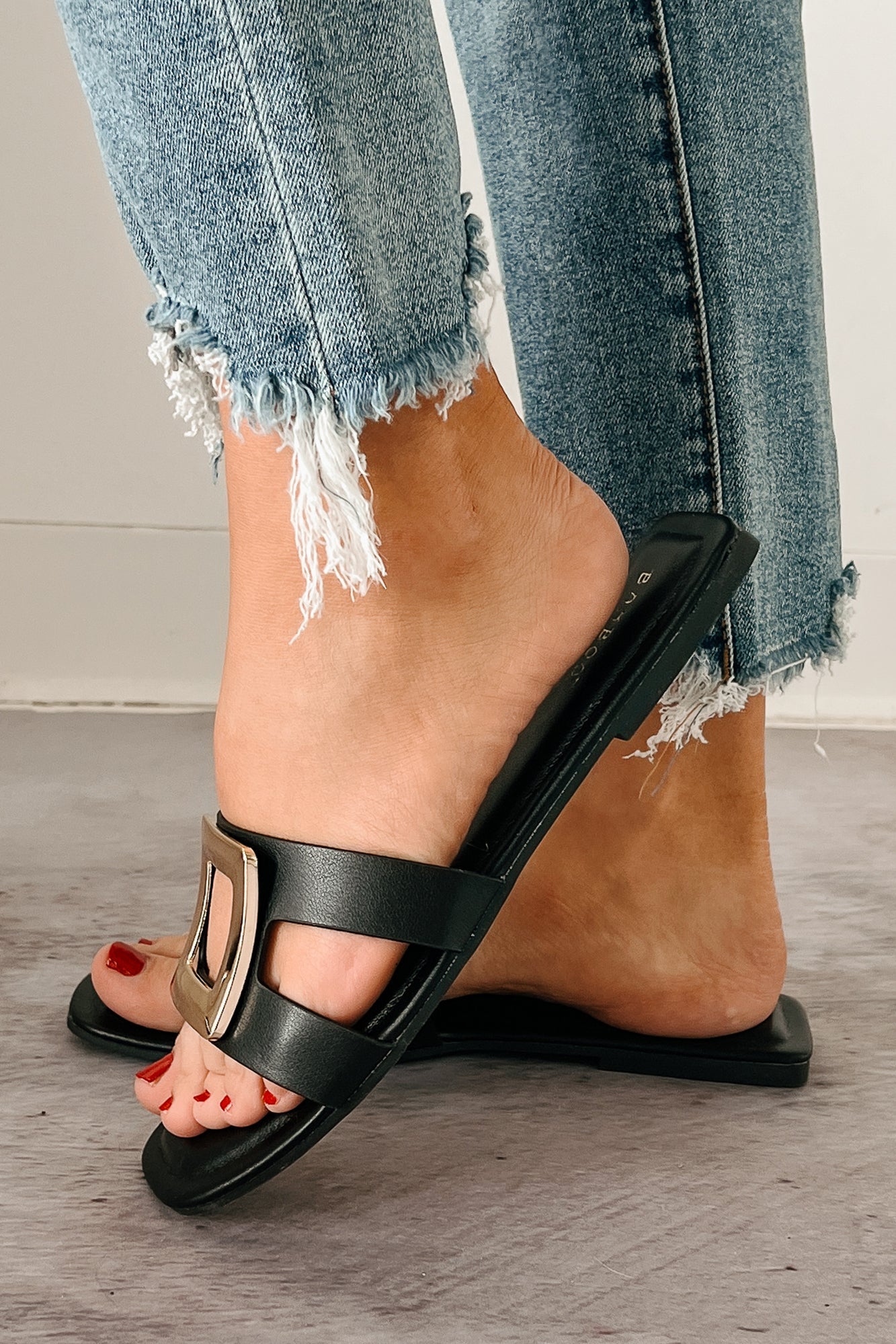 Talk Flirty Square Toe Gold Buckle Sandals (Black)