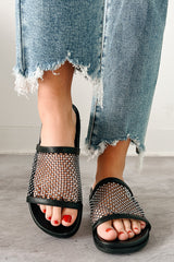 Shine On You Rhinestone Mesh Slide Sandals (Black)