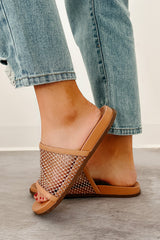 Shine On You Rhinestone Mesh Slide Sandals (Tan)