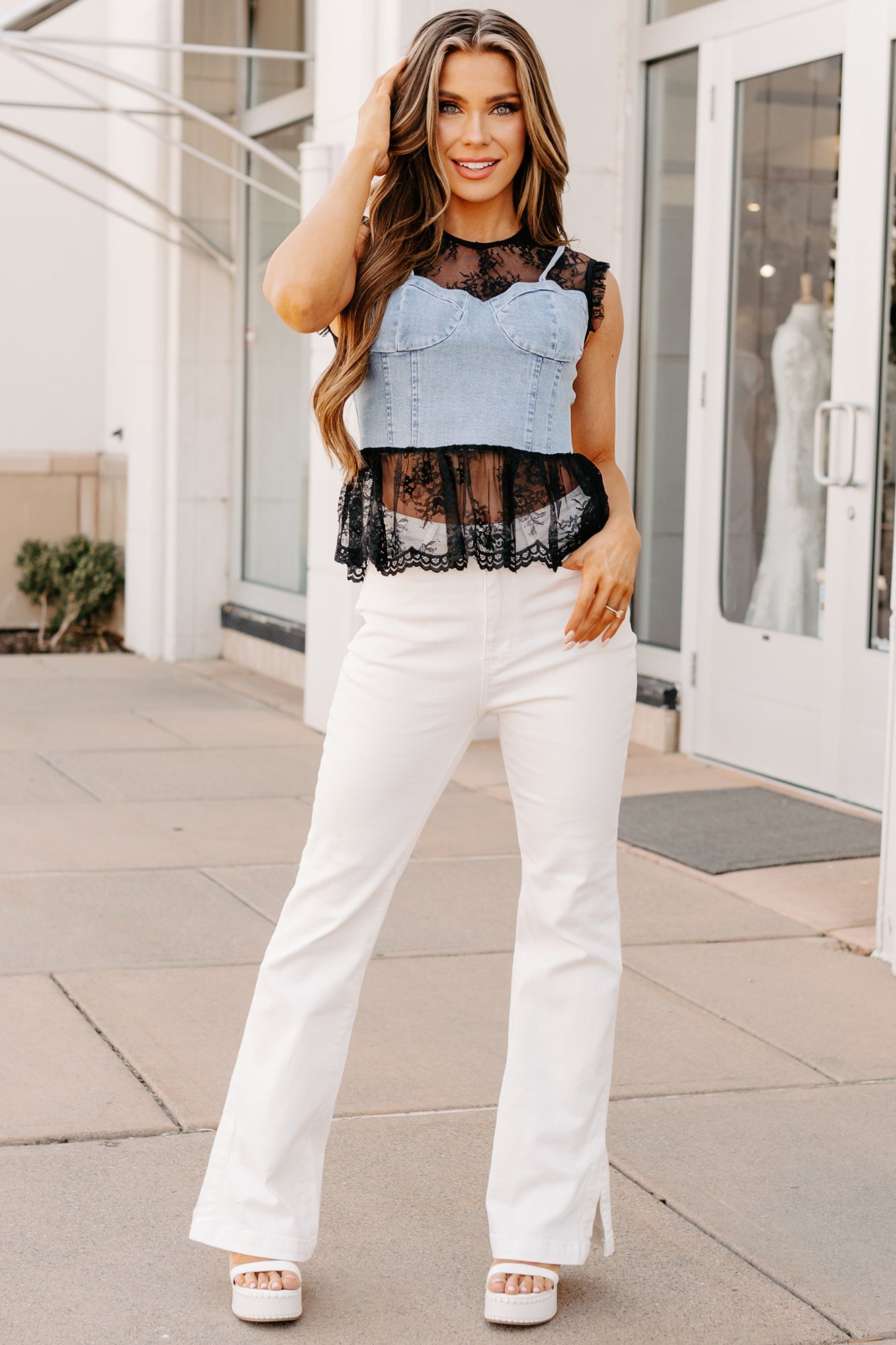 Bold & Flirty Corset Overlay Lace Top (Denim/Black)