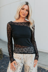 All The Assets Floral Lace Long Sleeve Top (Black)