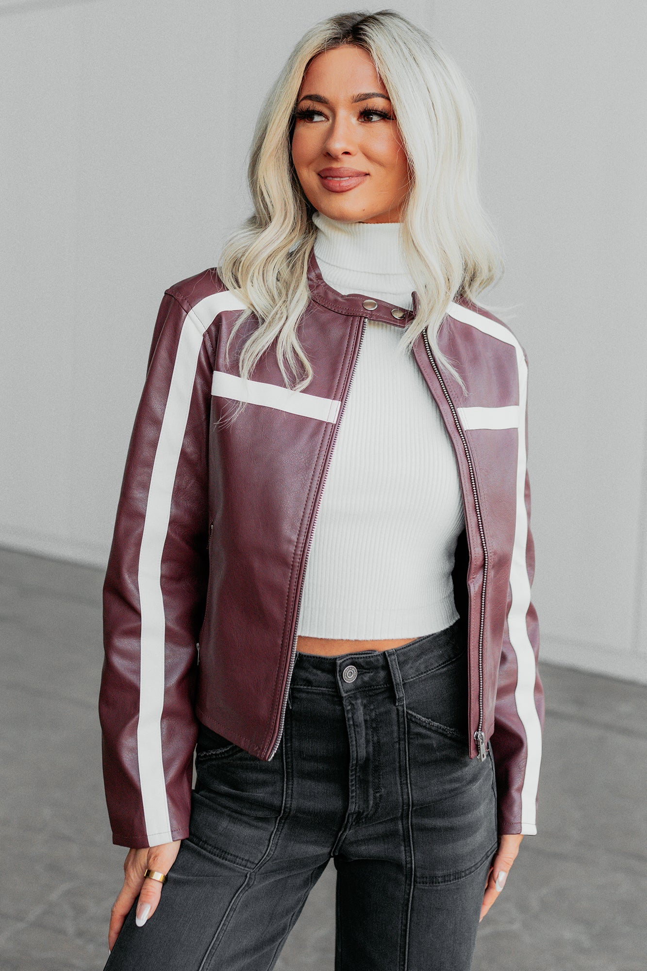 Thrill Seeker Faux Leather Racer Jacket (Burgundy)