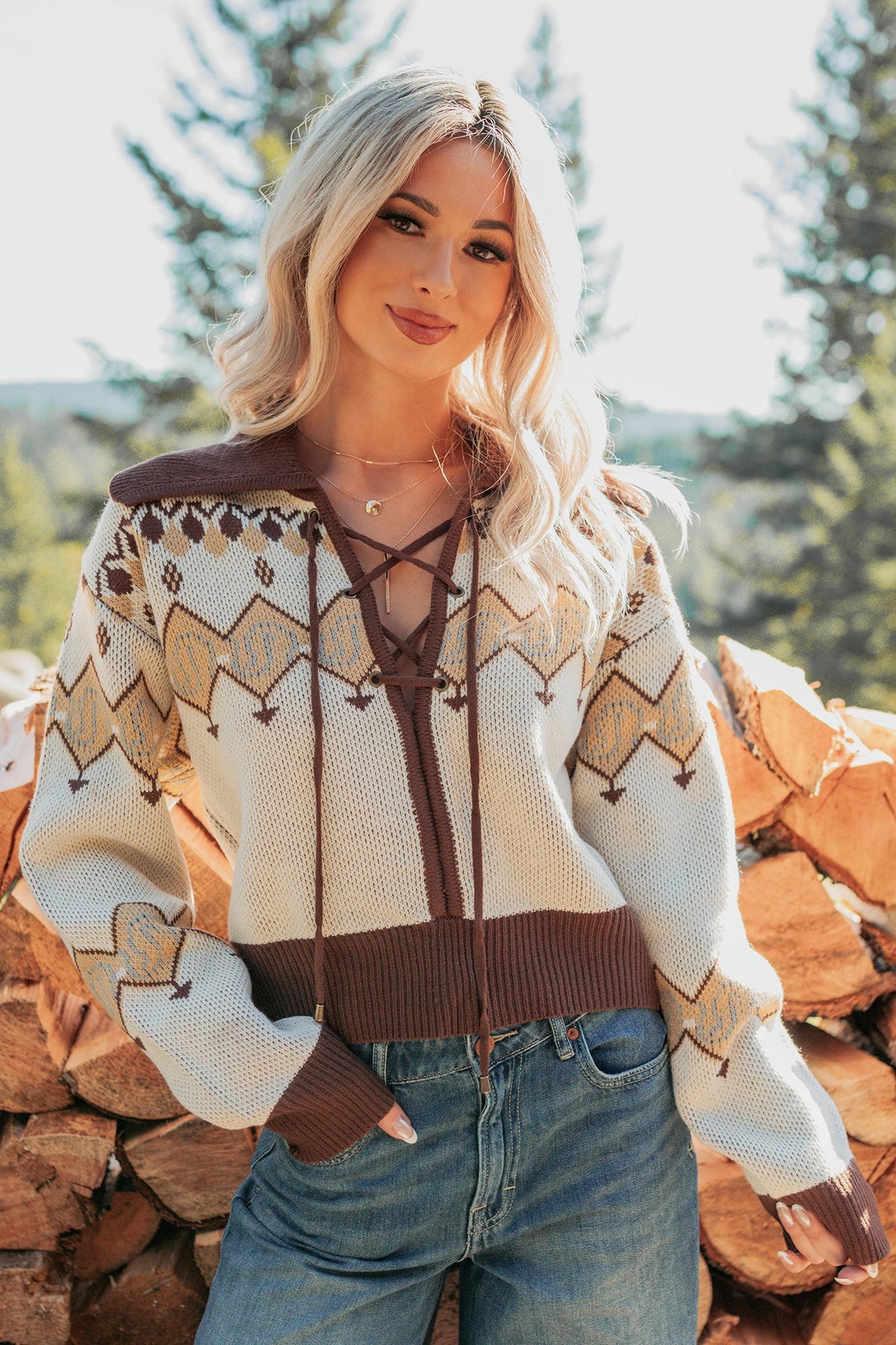 Don't Overthink It Aztec Front Tie Sweater (Cream/Mix)