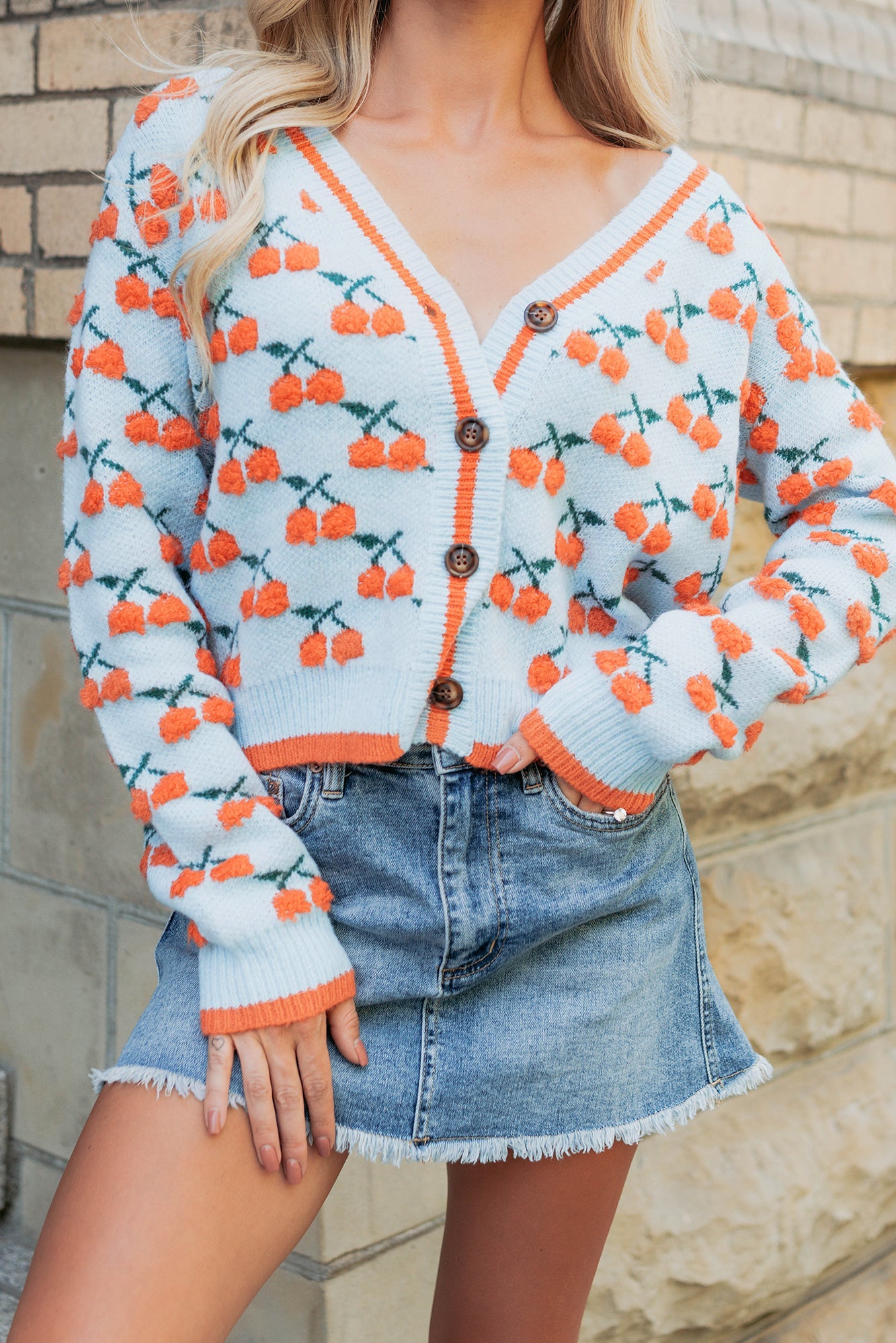 Vibrant Life Cherry Knit Cardigan (Light Blue/Orange)