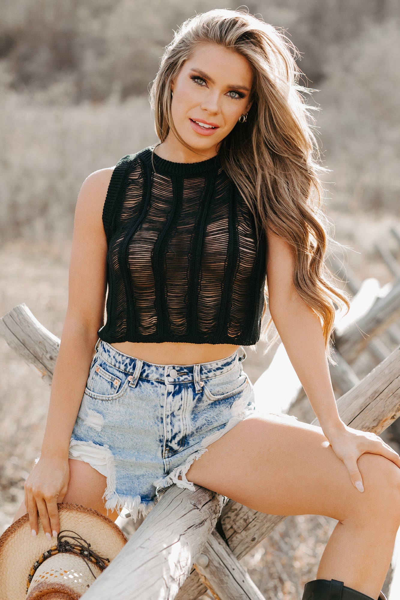 Grit & Glamour Sleeveless Open Knit Top (Black)