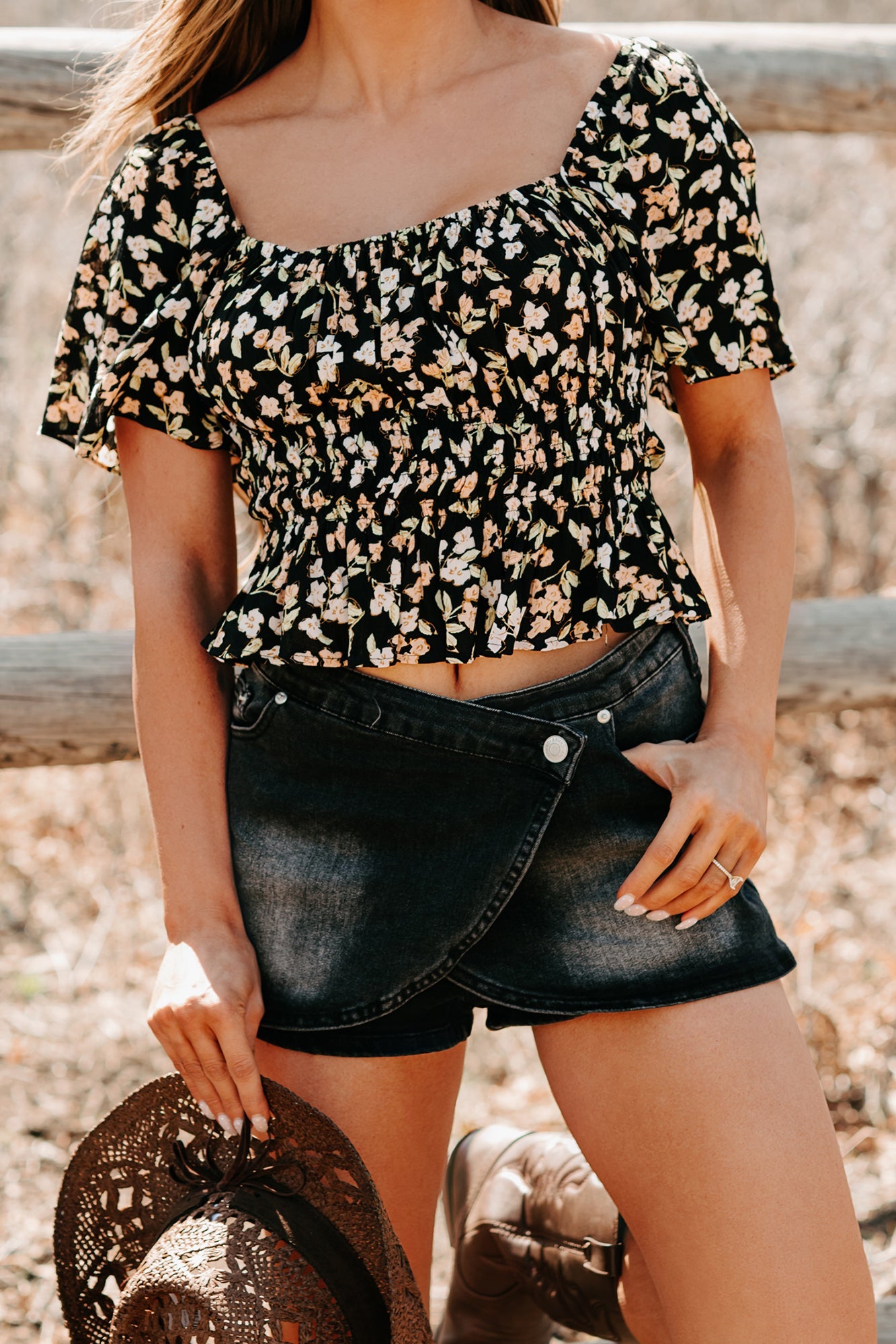 Whimsical Heart Smocked Floral Top (Black)