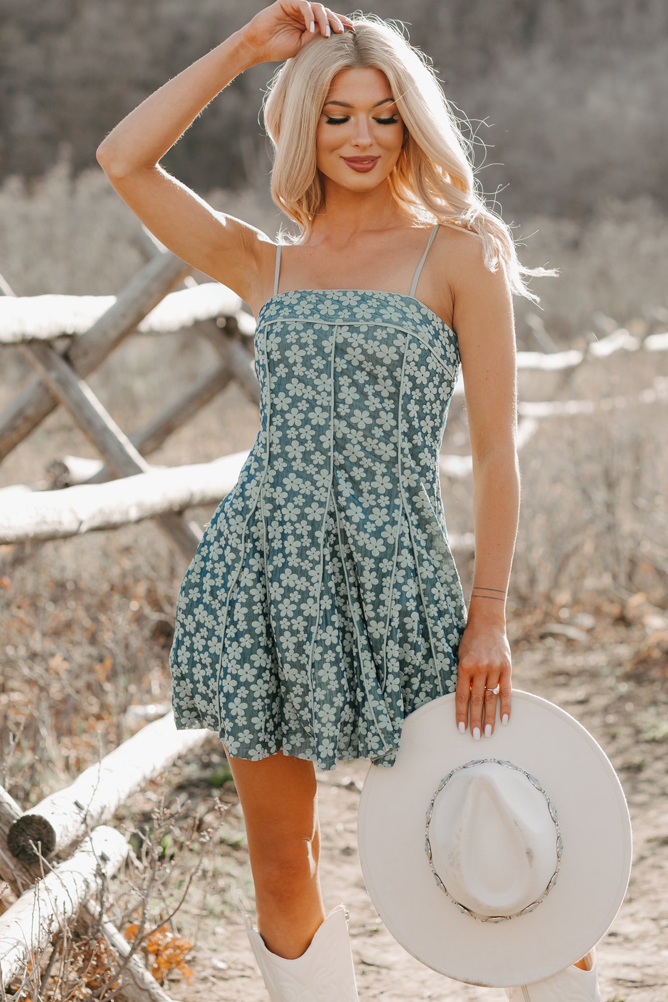 Charming Glow Sleeveless Floral Mini Dress (Teal)
