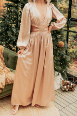 Pure Glamour Long Sleeve Satin Maxi Dress (Gold)